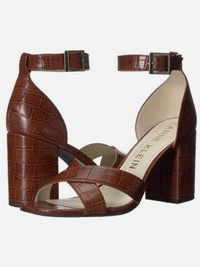 Anne Klein Croc-Embossed Brown Ankle-Strap Block Heel Sandals